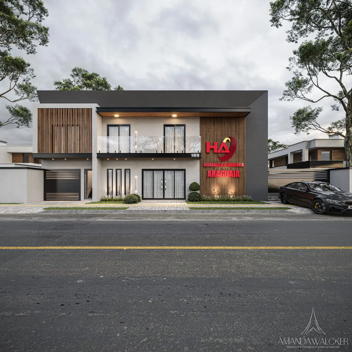 Fachada frontal com painel ripado e a marca da empresa