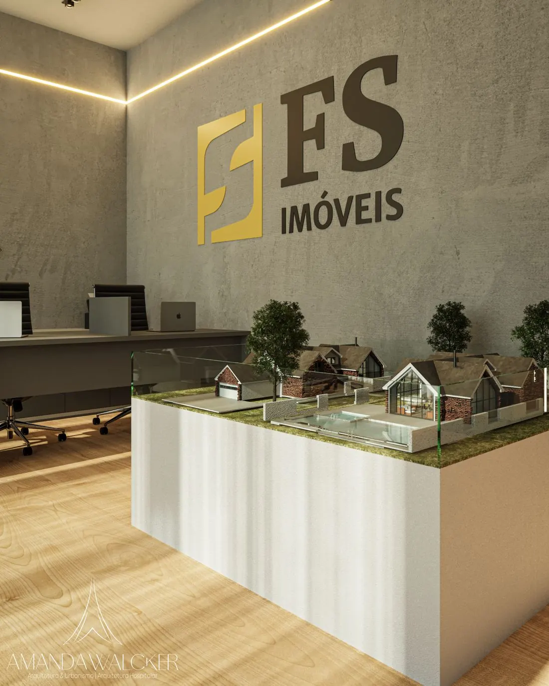 Parede com a marca da imobiliária e maquete em vitrine