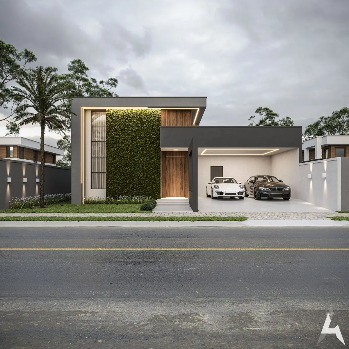 Fachada frontal com jardim vertical e porta em madeira