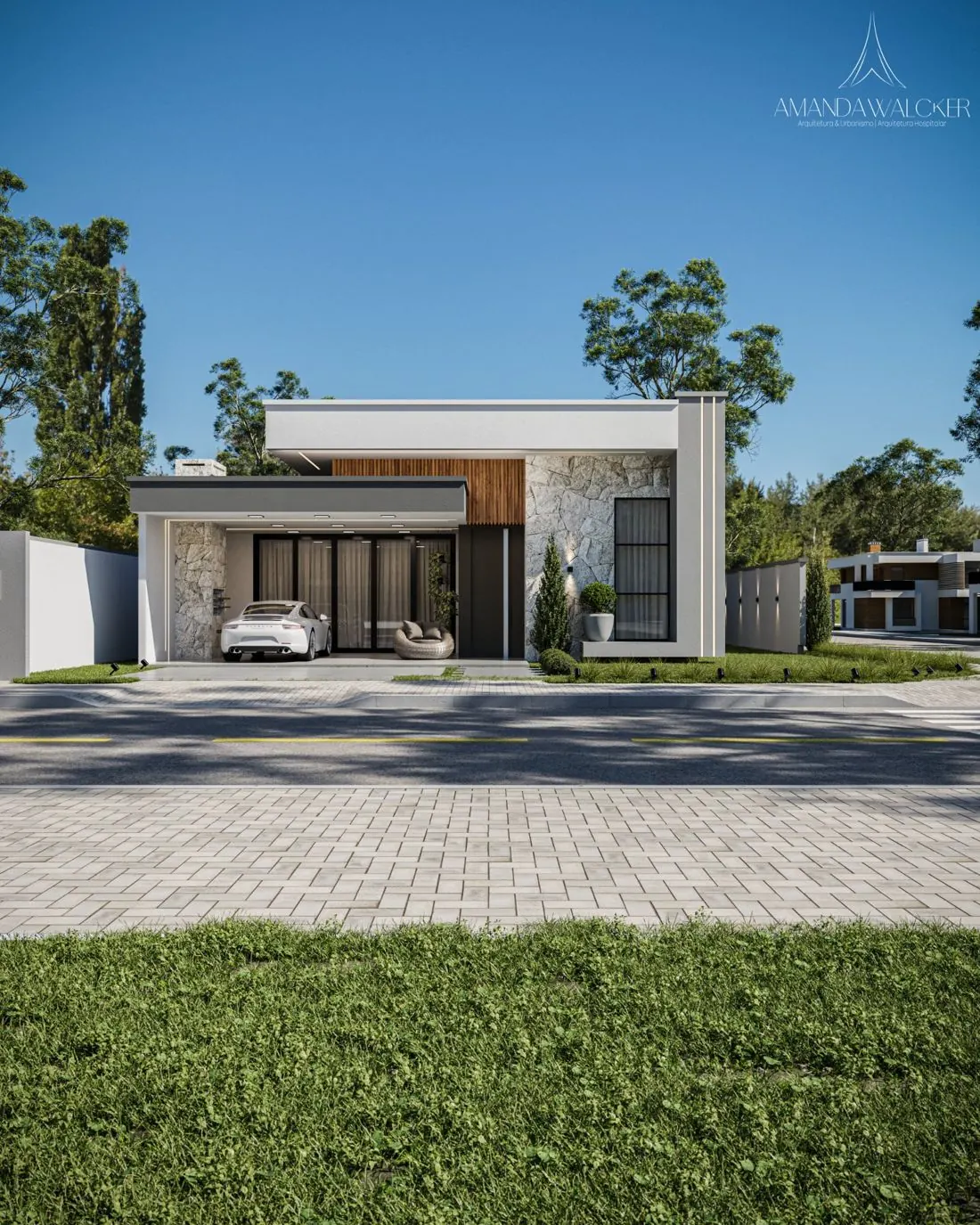 Fachada frontal com pedra natural, ripado e garagem coberta