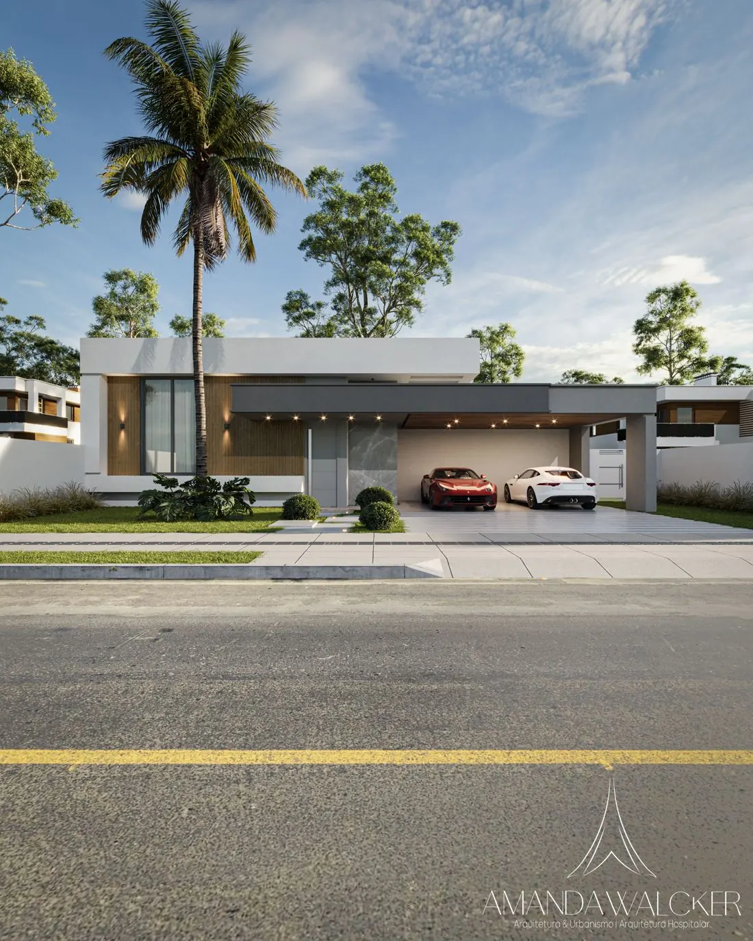 Fachada frontal com garagem coberta e palmeira