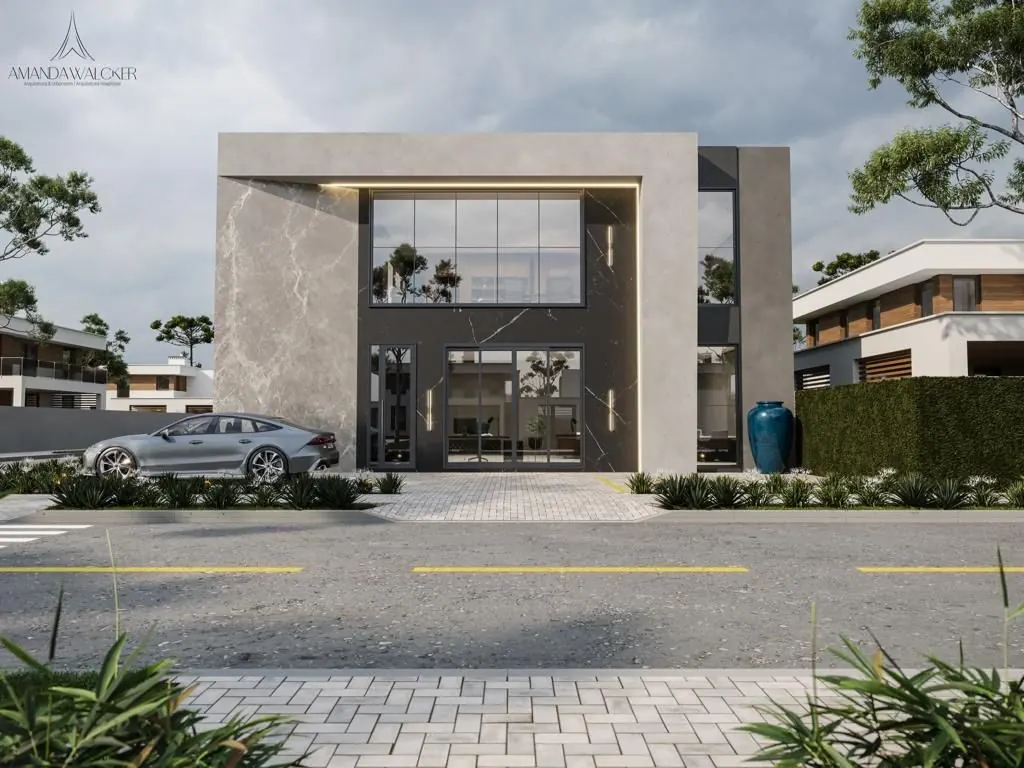 Fachada frontal com painel em mármore, moldura iluminada e grande pano de vidro