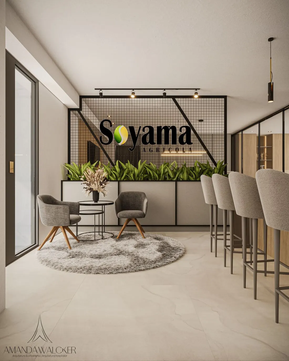 Recepção com painel em tela metálica, a marca Soyama e jardineira