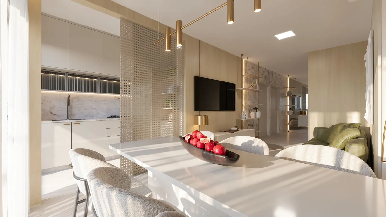 Apartamento decorado: living com painel de TV em madeira